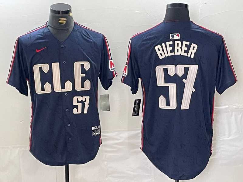 Men%27s Cleveland Guardians #22 Shane Bieber Number Navy 2024 City Connect Limited Stitched Jersey